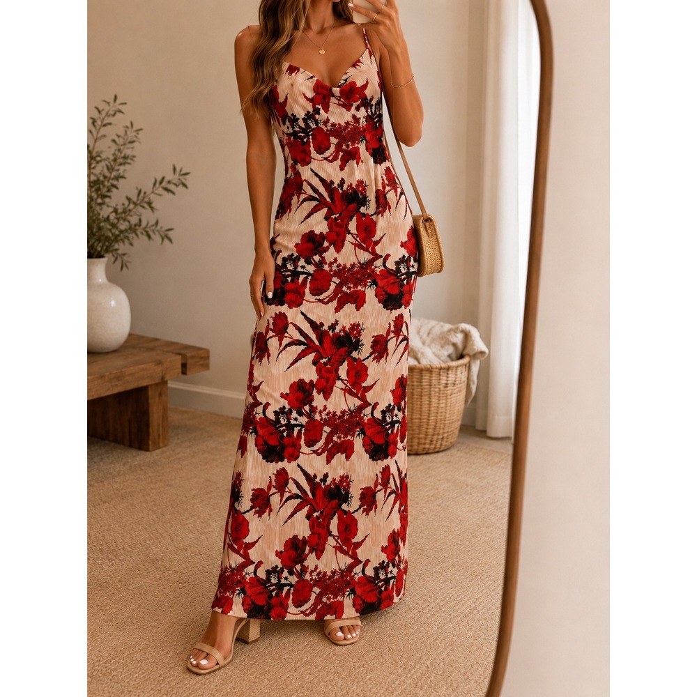NWT Red Floral Pleated Maxi Dress Cowl Neck Resort Wedding Guest Glam SZ 8